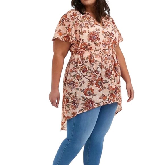 Torrid 1X Babydoll Tunic Top Orange Brown Floral Hi Low Boho Blouse - Picture 16 of 16